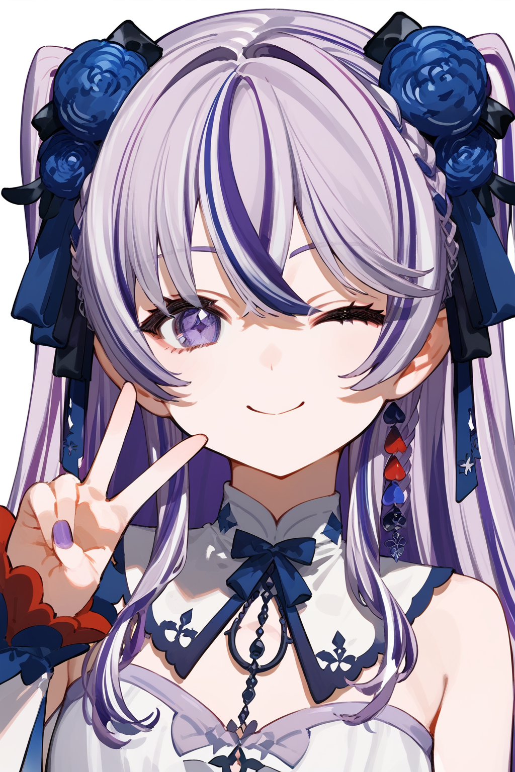 (score_9,score_8_up,score_7_up,),<lora:xuelian3-000008:0.9>,xuelian,white background,dress,multicolored hair,virtual youtuber,hair flower,hair ornament,purple hair,purple eyes,simple background,seductive_smile,wink,v,upper_body,face_focus,