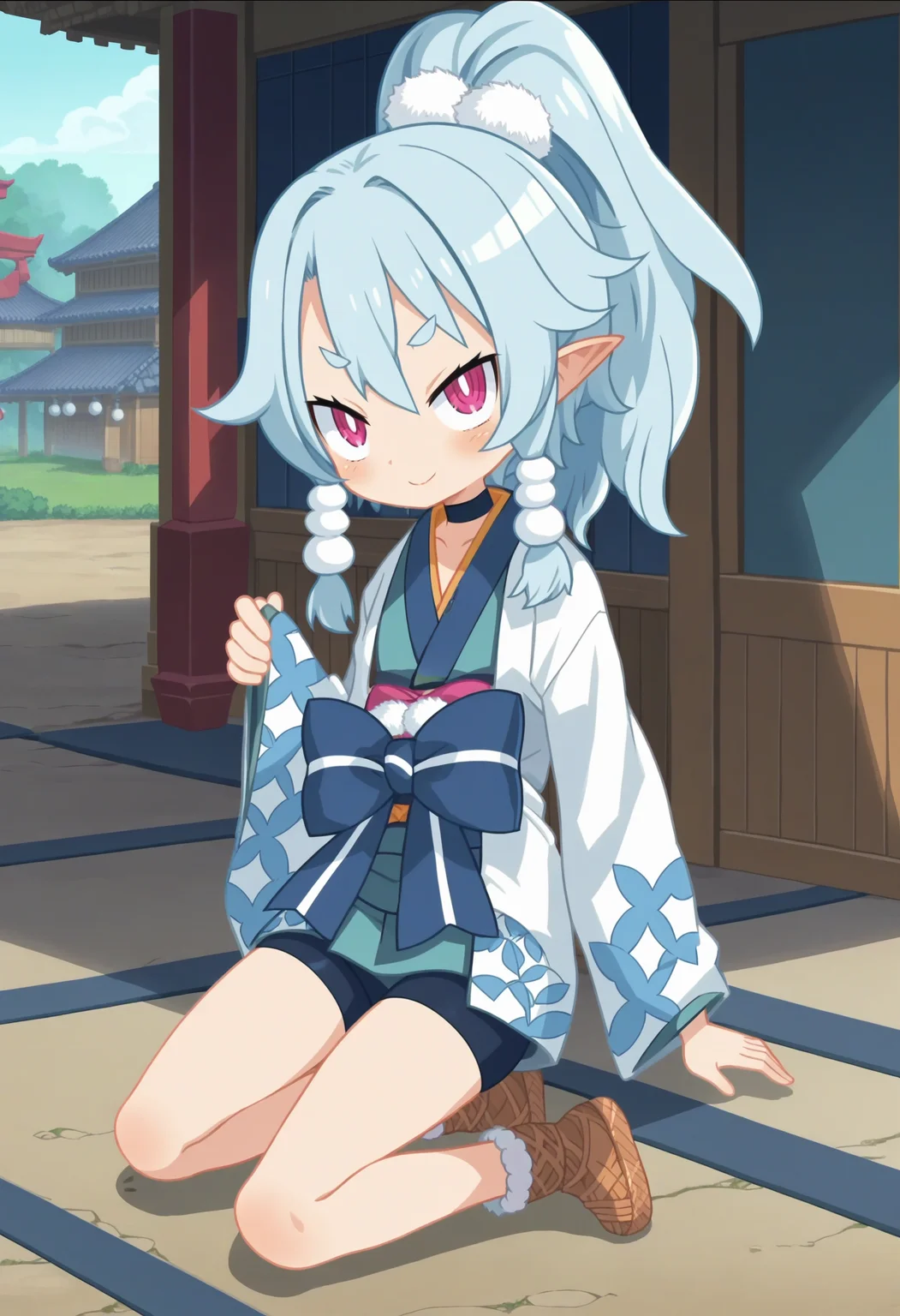 score_9, score_8_up, score_7_up, score_6_up, score_5_up, score_4_up , anime coloring ,BREAK source_anime, anime,screencap,
1girl, solo, d7ao, ponytail, waist bow, choker, kimono, sleeves past wrists, sash, brown footwear, bike shorts, <lora:PonyXL Disgaea7 Ao V1:1>
indoors,detailed background,
smile, looking at viewer,