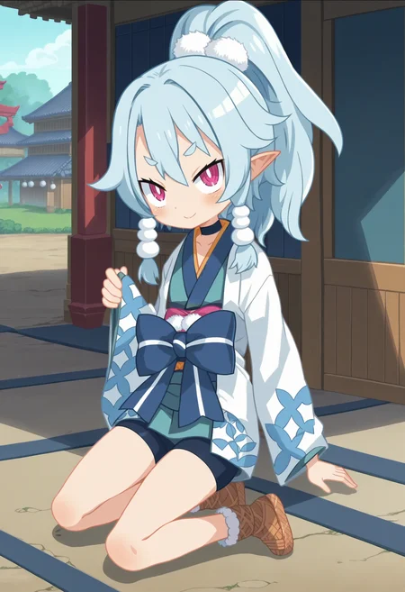 score_9, score_8_up, score_7_up, score_6_up, score_5_up, score_4_up , anime coloring ,BREAK source_anime, anime,screencap,
1girl, solo, d7ao, ponytail, waist bow, choker, kimono, sleeves past wrists, sash, brown footwear, bike shorts, <lora:PonyXL Disgaea7 Ao V1:1>
indoors,detailed background,
smile, looking at viewer,