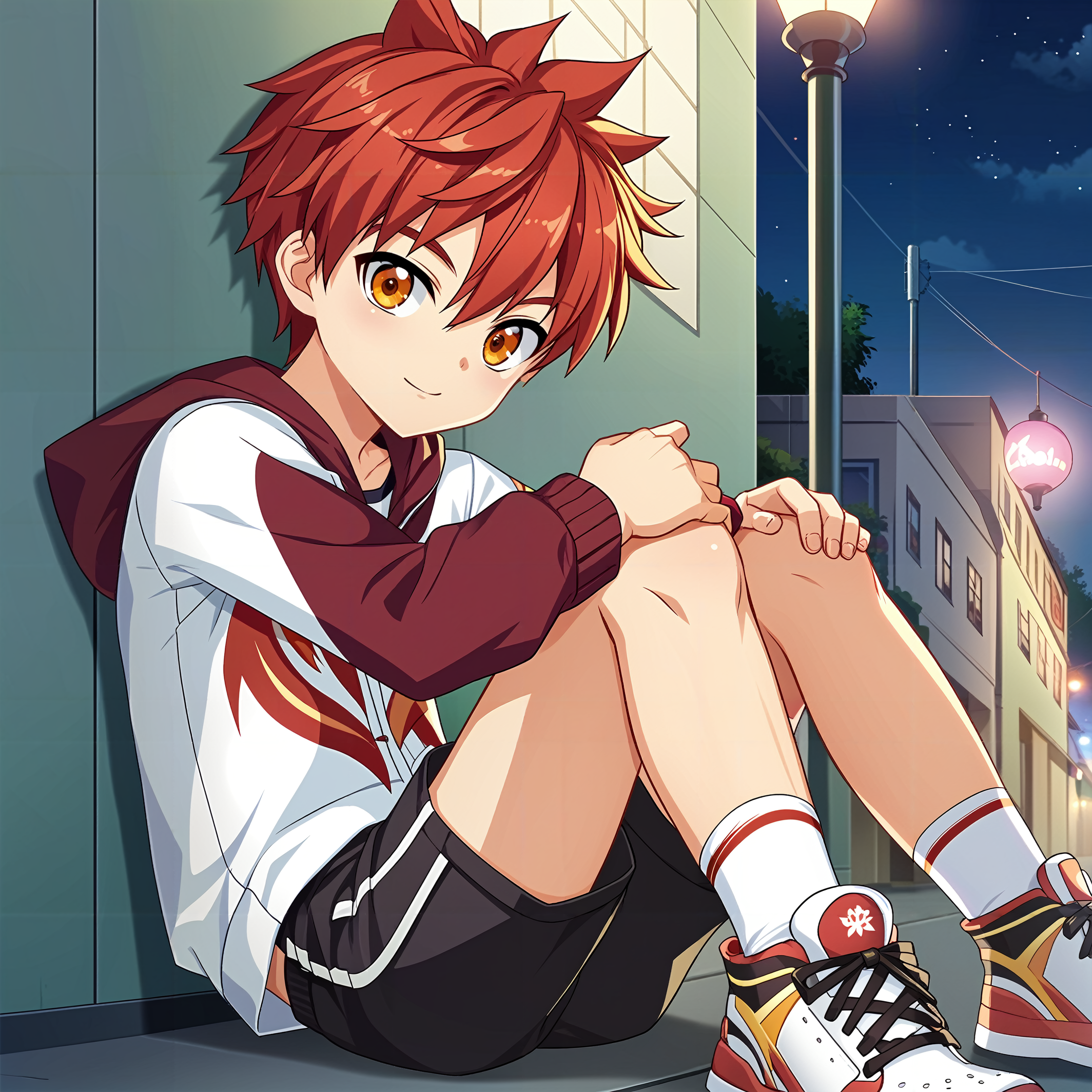 score_9, score_8_up, score_7_up, source_anime, anime screencap,depth of field, rating_safe, BREAK,
1boy, solo, male focus, looking at viewer, cowboy shot, mature male, skinny,game cgï¼
 <lora:jin_kaien_pony:0.8> jin_kaien_pony, red hair, amber eyes, short hair, hair between eyes, bangs,  shortsï¼sneakers,sittingï¼
night, street,, <lora:modokie-amxl-v1-ShoAI:0.6>,, <lora:StS_age_slider_v1_initial_release:-4>
