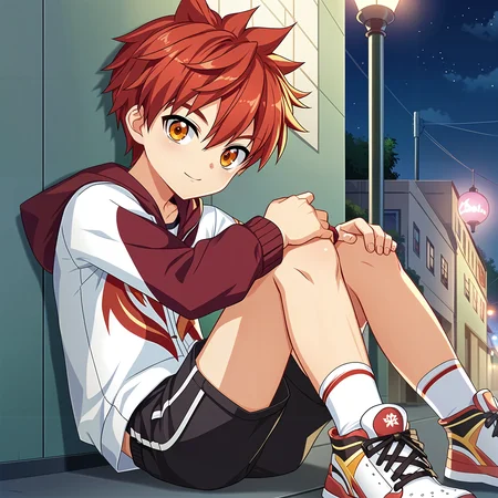 score_9, score_8_up, score_7_up, source_anime, anime screencap,depth of field, rating_safe, BREAK,
1boy, solo, male focus, looking at viewer, cowboy shot, mature male, skinny,game cgï¼
 <lora:jin_kaien_pony:0.8> jin_kaien_pony, red hair, amber eyes, short hair, hair between eyes, bangs,  shortsï¼sneakers,sittingï¼
night, street,, <lora:modokie-amxl-v1-ShoAI:0.6>,, <lora:StS_age_slider_v1_initial_release:-4>