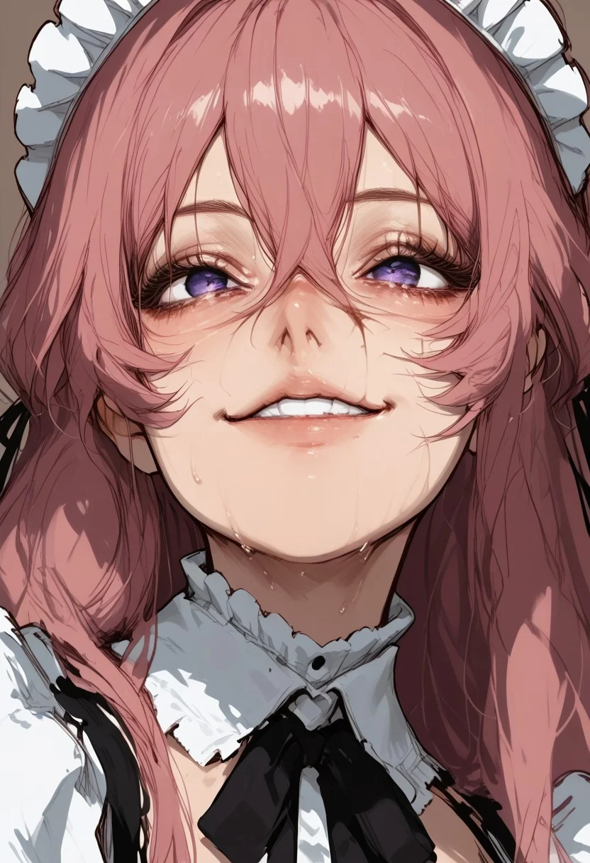 score_9, score_8_up, score_7_up, extremely detailed, sharp focus, HD, cute face, 1girl, face scars, sketch, pink hair, solo, thick body, breasts, very soft breasts, skindentation, Straight Hair, Long Hair, inside, black choker, seductive, alluring, sweating, very sweaty, Front View, abs, portrait, face focus, smile, sadistic smile, blood on face, perfect teeth, purple eyes, hair between eyes, maid outfit,