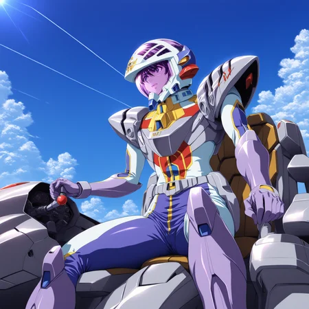 <lora:ryuusei_date>,ryuusei date,(cockpit:1.1),pilot suit,1boy,helmet,mecha,robot,male focus,solo,science fiction,sitting,holding joystick,joystick,gloves,sky,cloud,blue sky,purple assault visor,belt,shoulder pads,masterpiece,high score,great score,absurdres,