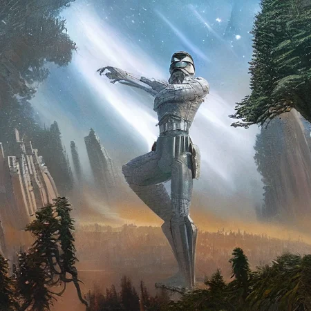ralph-mcquarrie style, ancient greek architecture done in a sci-fi style on a beautiful forest and meadow scene with tall buildings and open green spaces, oil painting, beautiful, highly detailed
