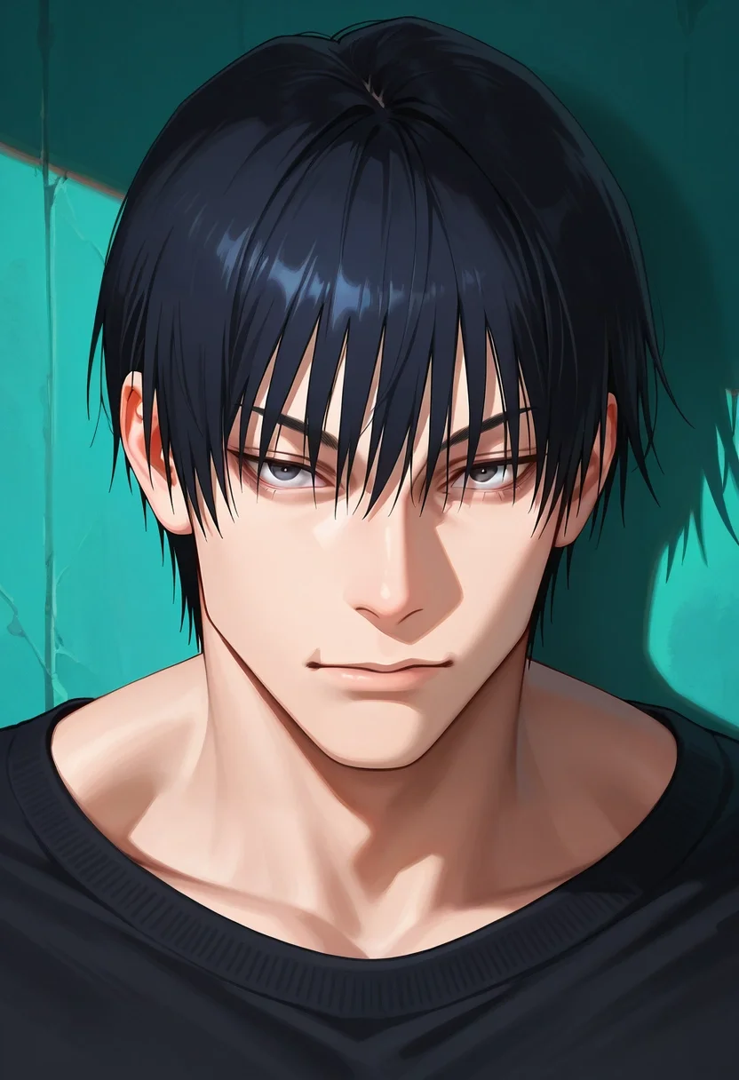 masterpiece, best quality, , semi-realistic, looking at viewer, 1boy, solo, male focus, <lora:touji_fushiguro_ilxl:0.98>, touji_fushiguro, black hair, black eyes, short hair, hair between eyes, bangs, , , ,