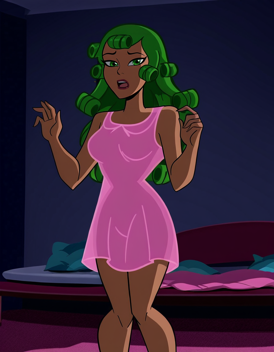 <lora:FireDCIllustrious1.0JLFO:1> firedc, hair curlers, 1girl, solo, green hair,hair_curlers, lingerie, green eyes, long hair, dark-skinned female, open mouth, bed, standing, indoors, breasts,looking at viewer,