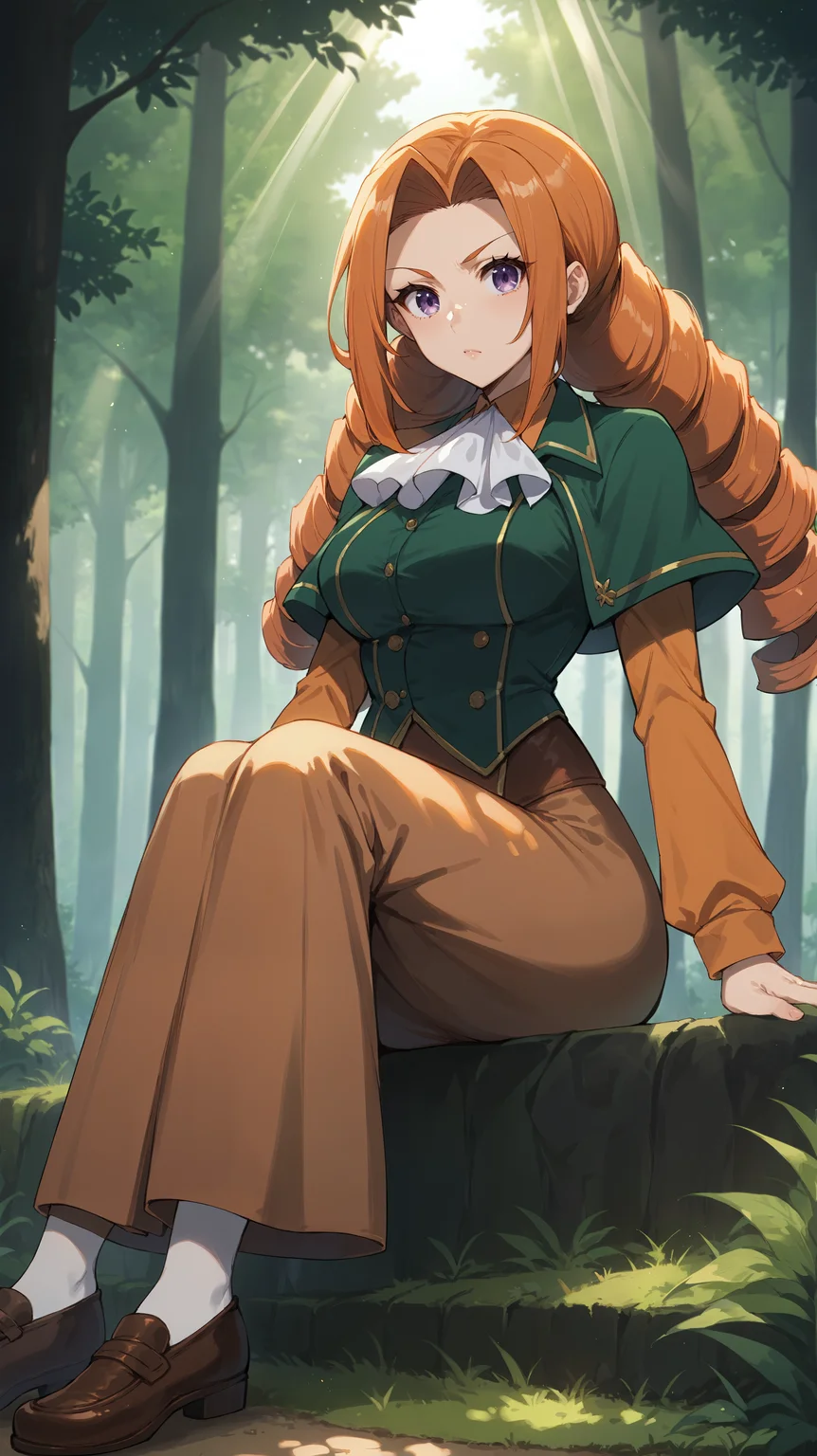 score_9,score_8_up,score_7_up,score_6_up, <lora:xl_more_art-full_v1:0.5>, source_anime, girl, dynamic pose, sitting with elbows on knees, <lora:Sheila Ibarss - Pony:0.8>, long hair, orange hair, purple eyes, green shirt, white ascot, orange sleeves, brown skirt, orange skirt, multicolored skirt, long skirt, drill hair, forest, nature, light rays,