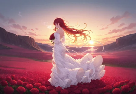 best quality,amazing quality,very aesthetic, absurdres, masterpiece, landscape, environmental, landscape, atmospheric, flower field, golden hour, cliff, 1 girl, long flowing dress blowing in the wind, romantic, field full of roses in the shape of a heart, gbf_style, red flowers, roses, hearts