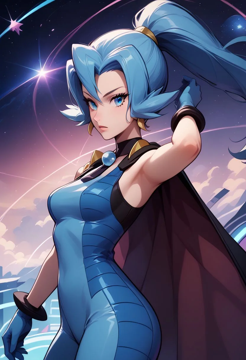score_9, score_8_up, score_8, medium breasts, (curvy), cute, eyelashes,  rating_safe,
BREAK, 
zzClair, solo, 1girl,  long hair, blue hair, blue eyes, ponytail, blue bodysuit, black cape, blue gloves,
BREAK, 
dynamic angle, stars, floating, colorful, pink, blue eyes, black bow, from side, on back, spaceship, technological,
zPDXL,