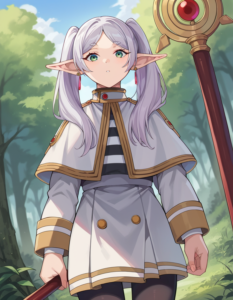 score_9, score_8_up, score_7_up, source_anime,
frieren, <lora:frieren-ponyxl-lora-nochekaiser:1>,
frieren, long hair, twintails, green eyes, grey hair, pointy ears, elf,
shirt, long sleeves, jewelry, pantyhose, earrings, striped, black pantyhose, capelet, striped shirt, skirt, white skirt,
outdoors, forest, nature, staff, holding staff, briefcase,
looking at viewer, cowboy shot, dutch angle,