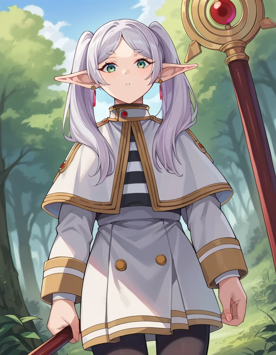 score_9, score_8_up, score_7_up, source_anime,
frieren, <lora:frieren-ponyxl-lora-nochekaiser:1>,
frieren, long hair, twintails, green eyes, grey hair, pointy ears, elf,
shirt, long sleeves, jewelry, pantyhose, earrings, striped, black pantyhose, capelet, striped shirt, skirt, white skirt,
outdoors, forest, nature, staff, holding staff, briefcase,
looking at viewer, cowboy shot, dutch angle,
