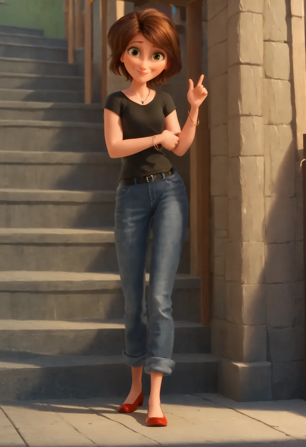<lora:AuntCassBH6Pony1.0:1>AuntCass, 1girl, solo, brown hair, short hair, black shirt, jewelry, green eyes, smile, red footwear, standing, belt, looking at viewer, jeans, bracelet score_9, score_8_up, score_7_up, score_6_up, score_5_up, score_4_up, looking at viewer,