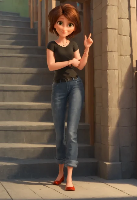 <lora:AuntCassBH6Pony1.0:1>AuntCass, 1girl, solo, brown hair, short hair, black shirt, jewelry, green eyes, smile, red footwear, standing, belt, looking at viewer, jeans, bracelet score_9, score_8_up, score_7_up, score_6_up, score_5_up, score_4_up, looking at viewer,