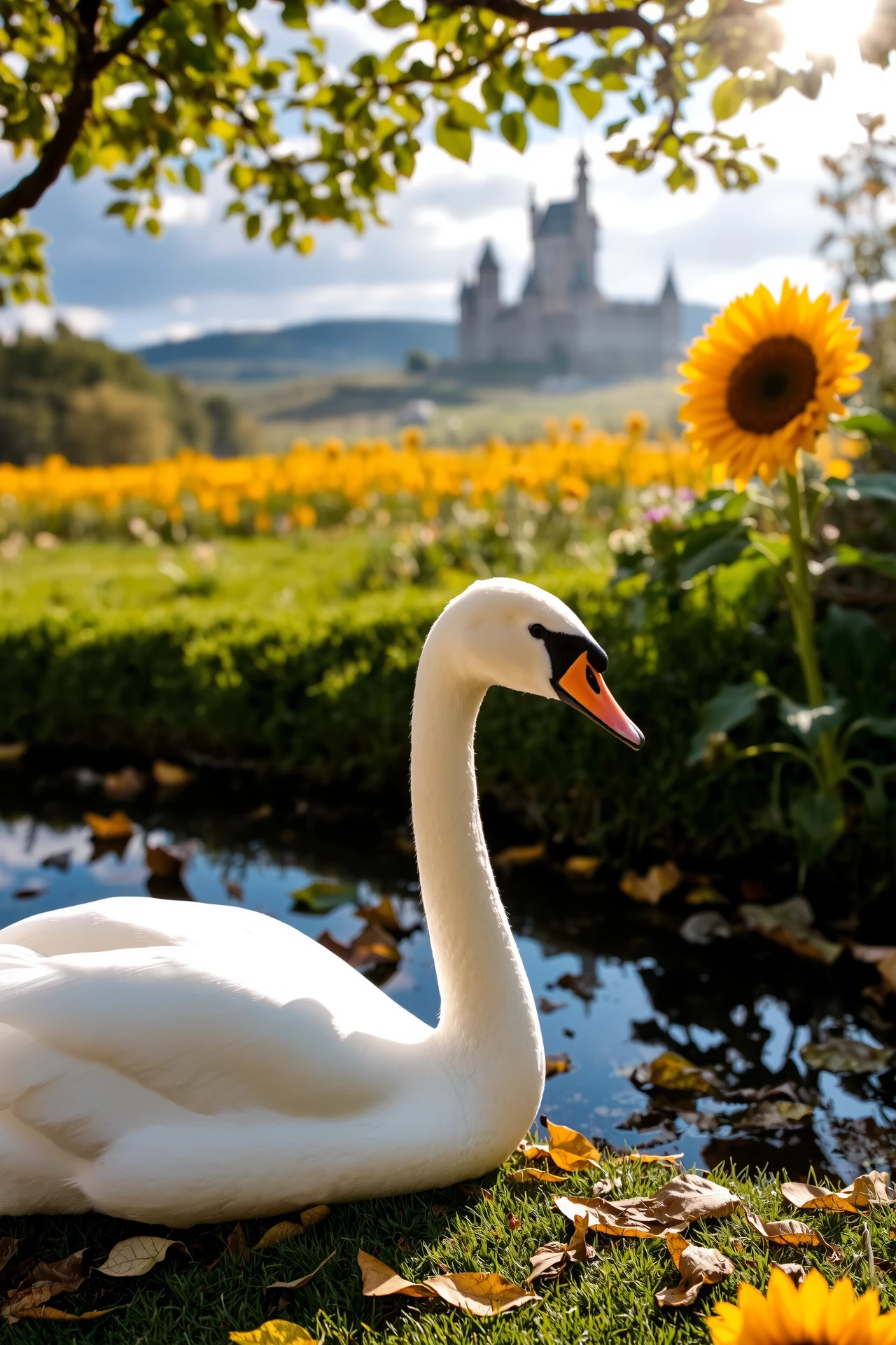 beautiful fantasy landscape photography, photo, Sigma 16 mm f/5.6, ((very detailed)), sharp focus, small rock,  fallen leaves, swan, sunflower, field, bush floor, reflections, (castle),  pond, medieval forest, ((village)), stunning nature aquatic environment , medieval land, (bright sunny sky), (high contrast), cinematic (lights), backlight, (shadows), lens flare, vibrant colors, colorful, (Rich Gray flowers) and leaves, (lovely), (beautiful), <lora:Detail Tweaker LoRA add_detail:1><lora:depth_of_field_slider_v1:5> <lora:no-blur:1