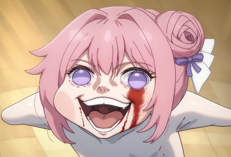 score_9, score_8_up, score_7_up, source_anime,
BREAK
<lora:shigojoenV1:1>, gojoendef, crazy eyes, crazy smile,
looking at viewer, smile, open mouth, upper body, teeth, tongue, blood, outstretched arms, blood on face,
<lora:Doro_X_PDXL_V1:1.0> doro, creature, :3, chibi, pink hair, purple eyes, hair bun, hair bow, no humans, white skin, four legs, solid circle eyes, no pupils