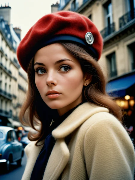 low angle of stunning 25 year old woman wearing a beret and mohair jacket in 1969 Paris, looking away from camera, portrait taken by David Lazar, portrait by Joel Santos, Portrait by Steve McCurry