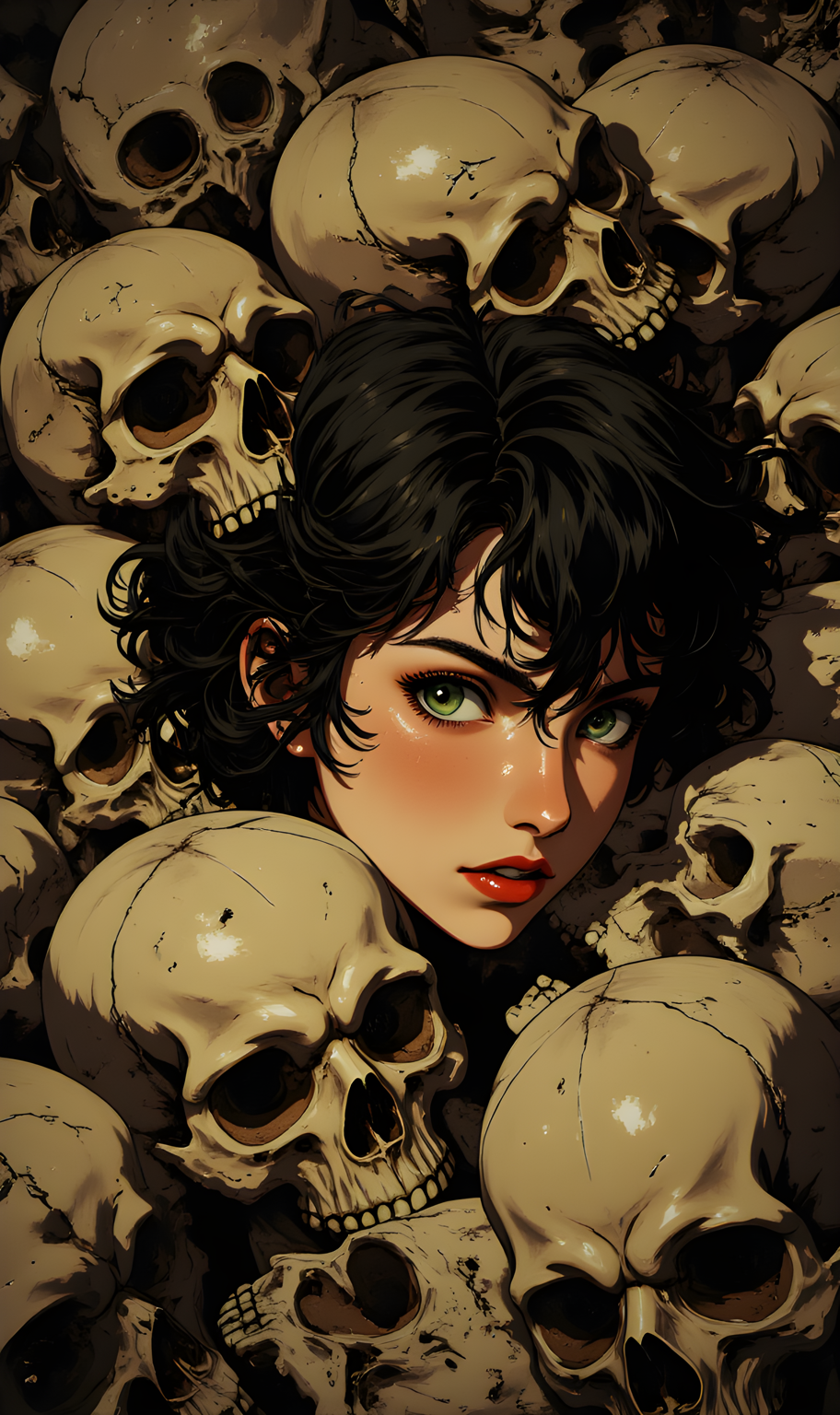 A young woman with fair skin and dark, wavy hair partially covering her face. She has piercing green eyes that are filled with a mix of fear and determination. Her lips are painted a deep red, contrasting starkly with her pale complexion. She is surrounded by an abundance of human skulls, which are stacked tightly around her, creating a claustrophobic and eerie atmosphere. The skulls vary in size and condition, some with cracked or missing teeth, adding to the macabre feel. The background is dark, with the skulls appearing to be illuminated by a dim light source, casting shadows that enhance the realism and depth of the scene. The texture of the skulls is meticulously detailed, with visible cracks, blemishes, and the intricate structure of the facial bones. The overall color palette is dominated by earthy tones, with browns, grays, and whites, creating a somber and unsettling mood. The woman's expression and the dense, oppressive skull arrangement suggest a sense of entrapment and tension, making this image both haunting and powerful. 
j_art, anime, anime art, <lora:FLUX\jul\J_Anime:0.7>, <lora:FLUX\RealAnime:0.7>