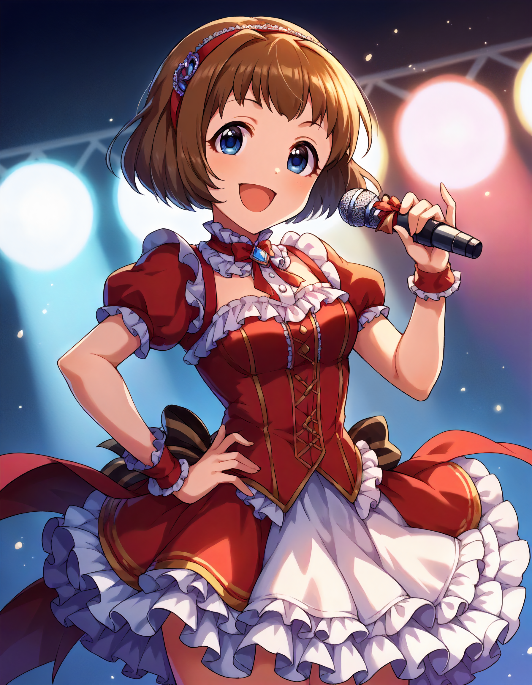 score_9,score_8_up,score_7_up,1girl,solo,cowboy shot,looking at viewer,smile,open mouth,holding microphone,hand on hip,stage lights,
<lora:kudoushinobu_ponyXLV6:0.8>,cgkds,
brown hair,short hair,blue eyes,
hairband,red dress,puffy short sleeves,frilled skirt