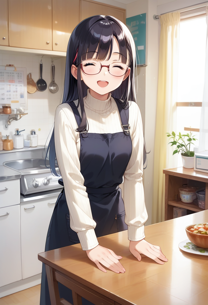 score_9, score_8_up, score_7_up, rating_safe, masterpiece, best quality, absurdres, unity 8k wallpaper, official art, official style, source_anime, uncensored, game cg, megami magazine,
1girl, solo, glasses, black hair, long hair, white ribbed sweater, black apron,  happy, smile, looking at viewer, closed eyes, open mouth, own hands together,
JPkitchen, calendar (object), chair, indoors, scenery, window, sink, table, lamp, kitchen, curtains, cabinet, clock
<lora:JP_kitchen_PONY_V1:1>