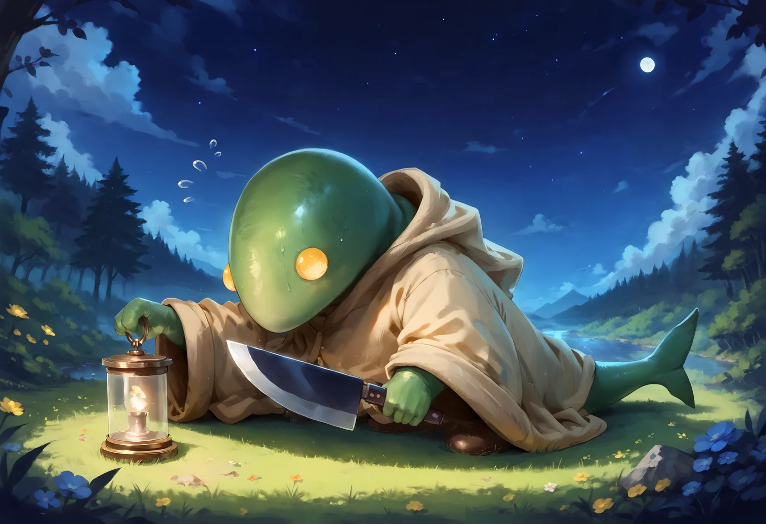 score_9,score_8_up,score_7_up,super detailed,extreme detailed,full_body,zPDXL,source anime,night,nature,forest BREAK no humans,<lora:Pony_DetailV2.0:1> BREAK tonberry,robe,holding lantern,<lora:tonberry:1>,on stomach,flying sweatdrops,