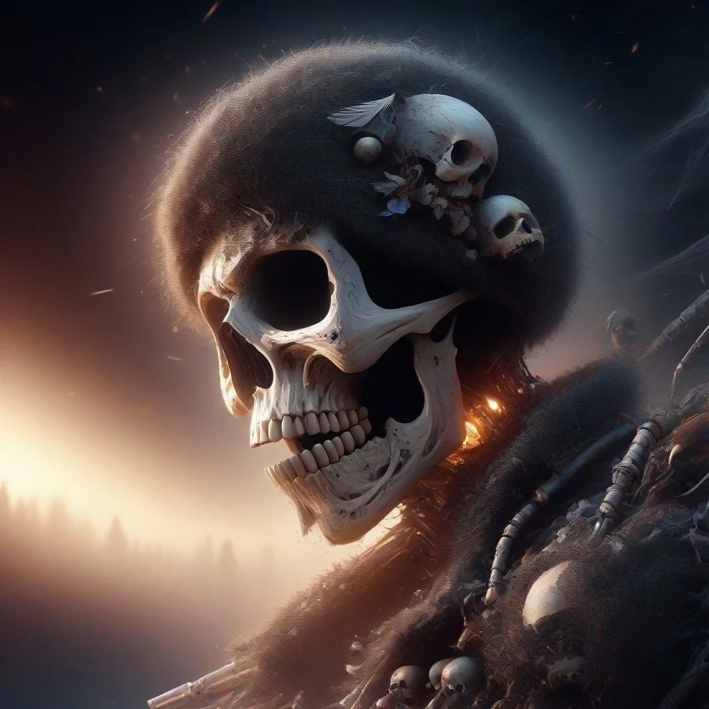skeleton soldier, A skull soldier, guerilla soldier, metallic color scheme, masterpiece, best quality, ultra detailed, hires, 8k uhd, cinematic lighting