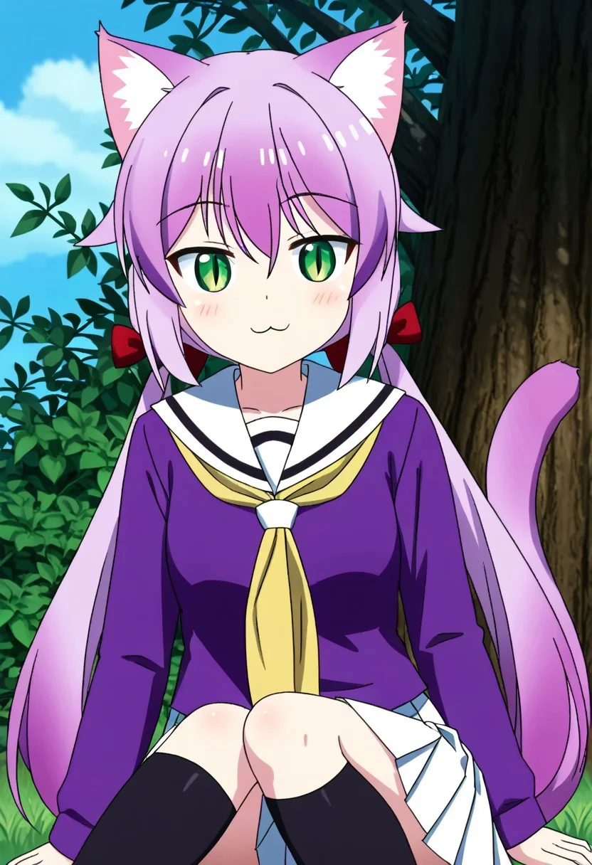 kurumi nekomai, long hair, light purple hair, cat ears, fluff on the ears, cat tail, fluffy tail, (green eyes: 1.1), 2 pigtails skirt, School uniform, Pleated skirt, Serafuku, White skirt, Shirt, Purple shirt, Sailor collar, White Sailor collar, Long sleeves, Scarf, Yellow Scarf, Knee-high stockings, smile, slit pupils outdoors, grass,