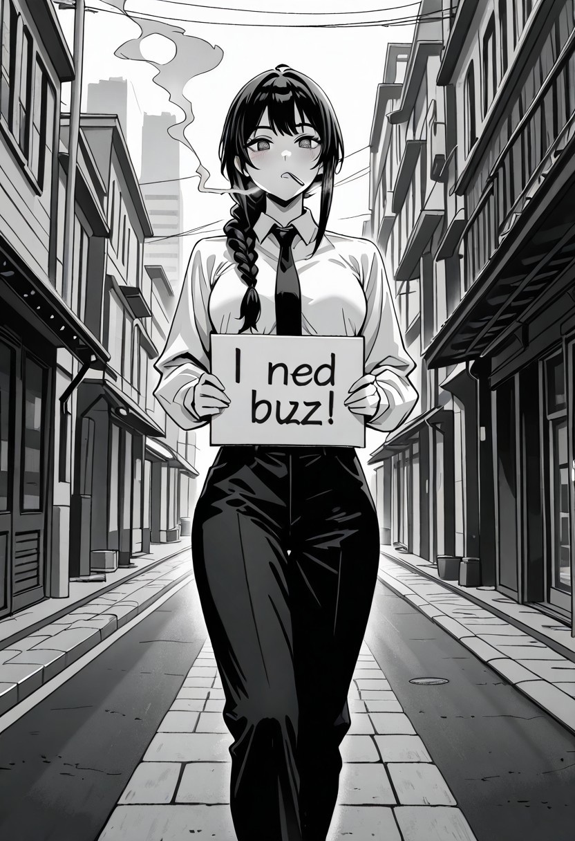 masterpiece,amazing quality,best quality,ultra-detailed,8K,  monochrome, greyscale, detailed background, face focus, face only, 1girl, need_buzz, holding sign, a cigarette in her mouth,  smoking, solo, long hair, braided ponytail, sidelocks, ringed eyes, medium breasts, black necktie, white collared shirt, shirt tucked in, long sleeves, black pants, shoes , solo, looking at viewer, outdoors, cityscape,