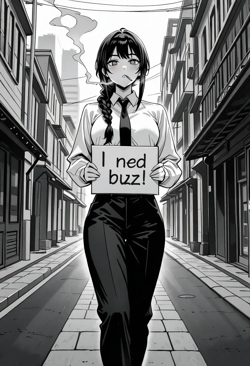 masterpiece,amazing quality,best quality,ultra-detailed,8K, monochrome, greyscale, detailed background, face focus, face only, 1girl, need_buzz, holding sign, a cigarette in her mouth, smoking, solo, long hair, braided ponytail, sidelocks, ringed eyes, medium breasts, black necktie, white collared shirt, shirt tucked in, long sleeves, black pants, shoes , solo, looking at viewer, outdoors, cityscape,