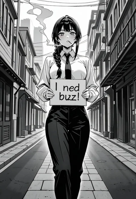 masterpiece,amazing quality,best quality,ultra-detailed,8K, monochrome, greyscale, detailed background, face focus, face only, 1girl, need_buzz, holding sign, a cigarette in her mouth, smoking, solo, long hair, braided ponytail, sidelocks, ringed eyes, medium breasts, black necktie, white collared shirt, shirt tucked in, long sleeves, black pants, shoes , solo, looking at viewer, outdoors, cityscape,