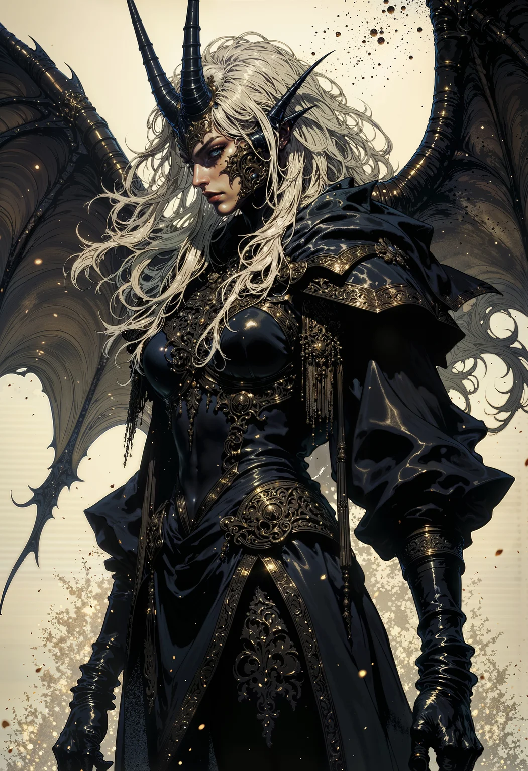 Picture a spectral apparition emerging from the limbo between realms, her form a composite of mortal and demonic essences. Long tresses of argent hair whip about her face, caught in the grip of an unseen tempest. Horns, cruel and sharp, protrude from her brow, testifying to her infernal lineage. Enshrouded in a gown of midnight black, she turns her gaze towards the horizon, her expression inscrutable. Wings, vast and leathery, unfurl from her back, their membranes rippling in the gusting winds. With each flap, a shower of glittering motes is released, the residue of her corporeal shell shedding like dandelion seeds on the breeze. As the particles drift backwards, they grow increasingly tenuous, their edges fraying and dissolving into the nothingness. The boundary between the figure and the empty space behind her becomes indistinct, a gradient of decreasing density leading to utter oblivion. Only the merest suggestion of outline remains, a whisper of a memory fading into the ether. Oil Painting, surreal, digital artwork, Impressionism, impressionist painting, loose brushwork, light and shadow play, captures feeling over form, figure-studies, oil-painting, romanticism, painting, elegance, opulence, beautiful, painterly, detailed, textural, artistic, aesthetic, intricate details, highly detailed,
<lora:RetroAnimeFluxV1:0.5> <lora:Comic book V2:0.6> <lora:FluxMythG0thicL1nes:0.6> <lora:Elden_Ring_-_Yoshitaka_Amano:0.6>