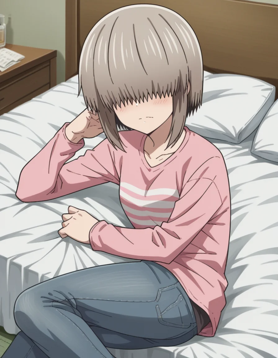 score_9, score_8_up, score_7_up, source_anime,
yanagiuzaki, <lora:yanagi-uzaki-s2-ponyxl-lora-nochekaiser:1>,
yanagi uzaki, short hair, bangs, grey hair, hair over eyes, covered eyes, long bangs, sidelocks,
shirt, long sleeves, pink shirt, collarbone, pants, denim,
indoors, bed, bed room, on side, blush, drunk,
looking at viewer, cowboy shot, solo, dutch angle,
