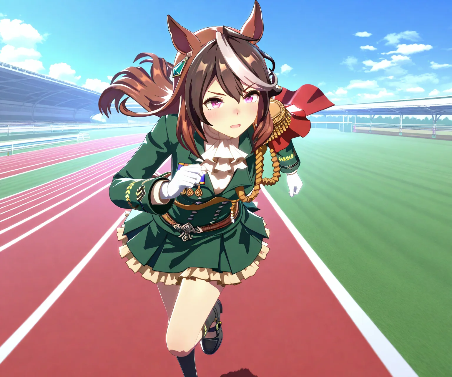 masterpiece, best quality, amazing quality, , 1girl, solo, umamusume, racetrack, running, <lora:Symboli Rudolf in game style 3D ILL-v2:1> ummsmingame, 3d, symboli rudolf \(umamusume\),
