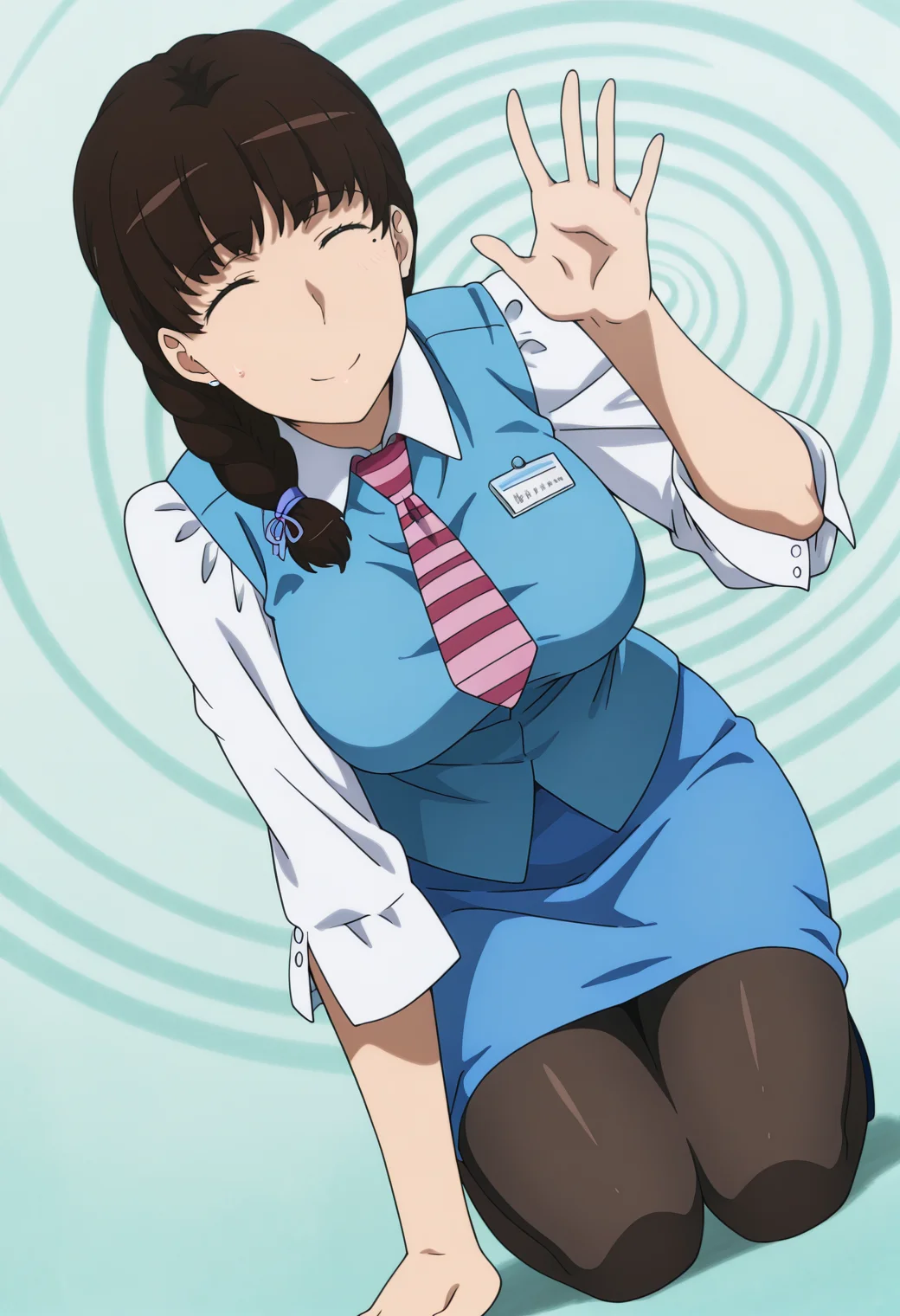 anime screencap, anime coloring, 1girl, solo, mature female <lora:DX888KomachiIL:1> takamiya komachi, mole under eye, ^_^, , brown hair, single braid,
office lady, necktie, uniform, pencil skirt, pantyhose BREAK simple background, aqua background, spiral background, BREAK, dutch angle, dynamic pose, posing, kneeling,