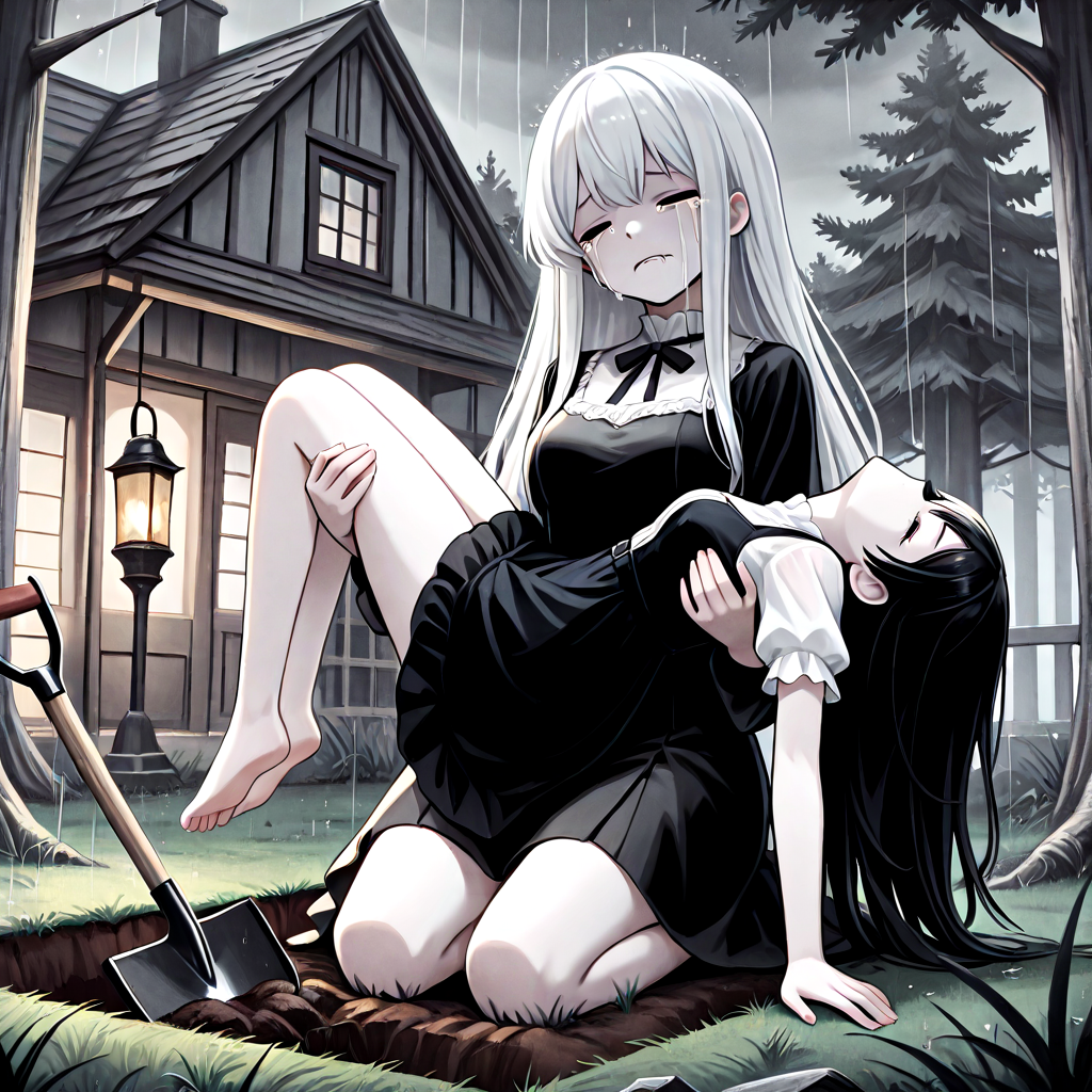 absurdres, explicit, grave digging, hand on ground, princess carry, 2girls, sleeping, carrying, crying, tears, sad, breasts, closed eyes, closed mouth, pale skin, long hair, black hair, white hair, gothic dress, bangs, tree, grass, death, corpse, victorian, house, building, oil lamp, lantern, shovel, fog, smog, grey sky, seiza, head tilt, rain, water drop, shouting, from below, low angle, ((biting own lip)), ((leaning back)), <lora:girlhategravedigging_ilxl:0.8>