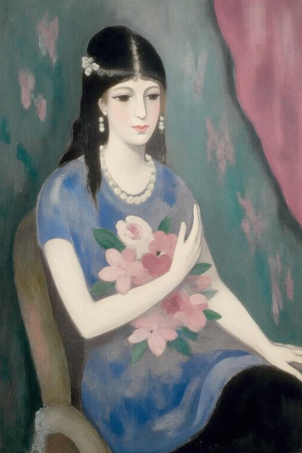 mamau1 painting .
A woman seated in a chair, cradling a bouquet of flowers. <lora:malau1_cap_d6a3e12:1.0><lora:825071610210888517:0>