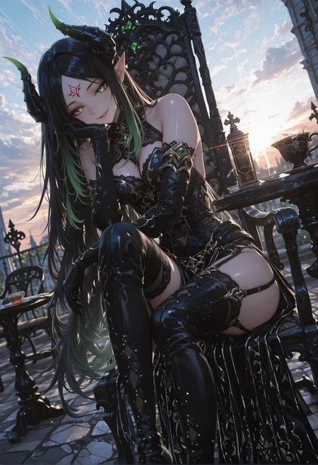 masterpiece, best quality, very aesthetic, absurdres, newest, 4ur4_illu, shiny, xxx667_illu, 15546+456868, score_9, score_8_up, score_7_up, (portrait:0.8), dramatic lighting, breathtaking texture, masterpiece, best quality, good quality, KRShamilla, 1girl, solo, pointy ears, pelvic curtain,black hair, forehead mark, elbow gloves, black gloves, dress, gradient hair, green eyes, very long hair, demon girl, black footwear, parted bangs, bare shoulders, demon horns, garter straps, black footwear, evil smile, siting on garden chair, sitting next o garden table, drinking tea, seductive smile, crossed legs, cowboy shot, half-body portrait, detailed background, day, outdoors, sunny, depth of field, dynamic, sharp focus, dynamic scene, detailed background, dynamic pose, dutch angle,  close-up, masterpiece, award-winning, professional, highly detailed, (white theme:0.4) vibrant, detailed face,
[texture masterpiece, best quality, best quality, cinematic, looking at viewer, close-up]