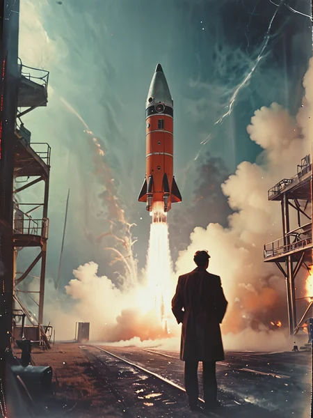 35mm Vintage photo of scientist, in the background there is a rocket ready for launch, smoke is coming out of the nozzle, retro futurism, art by Bruce McCall
 <lora:Vintage_Street_Photo:0.9>