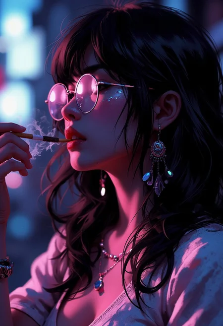 neo-noir ethereal portrait, chrome-kissed halides, rose tint, venetian blind shadows, cigarette smoke tendrils, neon-rimmed silhouette, film grain texture dissolving into liquid silver, haunted glamour meeting urban decay –style raw 80