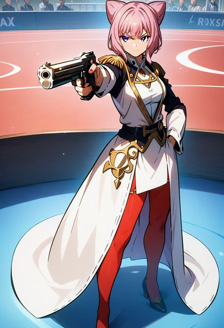 masterpiece, best quality, anime girl, fullbody, Turkish Killer Pose, LOOKING AT GUN, AIMING