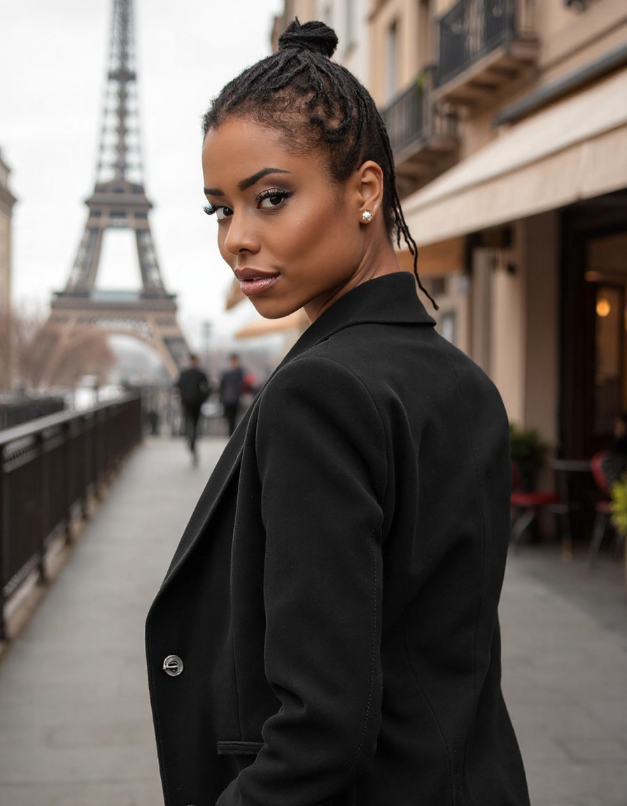 Modern portrait of a Paris fashion lady, dressed in the latest haute couture with sleek lines and sophisticated details, set against a chic urban background of Parisian architecture, featuring elements like the Eiffel Tower in the distance and stylish cafes, cinematic composition, trending on Artstation. She is looking over her shoulder at viewer.