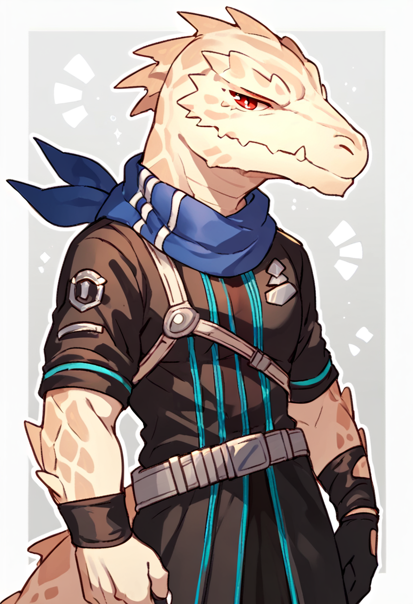 <lora:RangerArkKPony1.0:1>rangers, 1boy, white scales, scalie, uniform, male focus, solo, blue scarf, red eyes, single glove, belt, wristband, tail, chibi,  score_9, score_8_up, score_7_up, score_6_up, score_5_up, score_4_up,