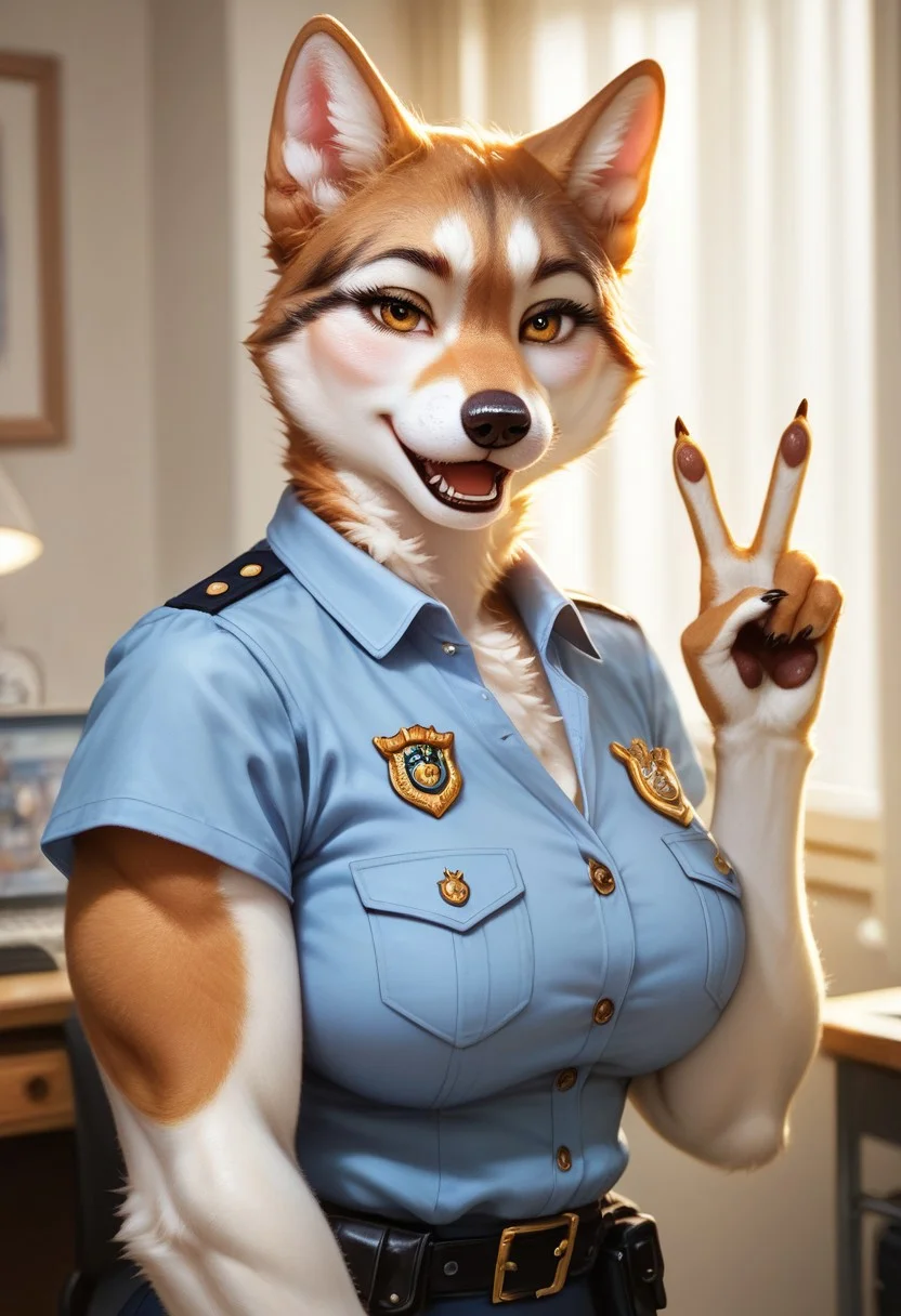 score_9, score_8_up, score_7_up, score_6_up, score_5_up, close up, highly detailed, good_hands, anthro, 1girl, solo, furry, anthro, ((anthro female husky)), mature female, furry limbs, muscular body, thick thighs, big butt, light brown eyes, ((detailed eyes)), perfect hands, seductive pose, looking at the viewer, ((teasing the viewer)), happy, happy expression, ((wearing police uniform)), clothed, (office), (morning light), soft light, half body portrait, raw, photo, realistic, Expressiveh, quarter view, hand making peace sign beside the face, negative_hand, ((negative_hand)), ((anatomically perfect body)), anatomically perfect hands, JapanesePoliceWoman_Vest, one eye winking at the viewer