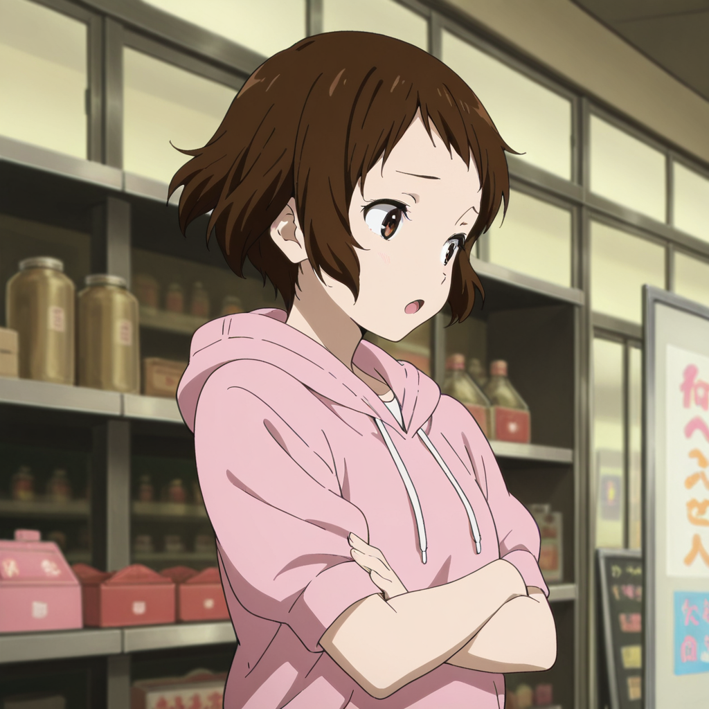 masterpiece, best quality, amazing quality,1girl, solo, kotenbu_series_lbara_mayaka, crossed arms, brown hair, short hair, open mouth, pink hood, pink hoodie, brown eyes,  shop,  <lora:Ibara_Mayaka_-_Kotenbu_Series:0.7>