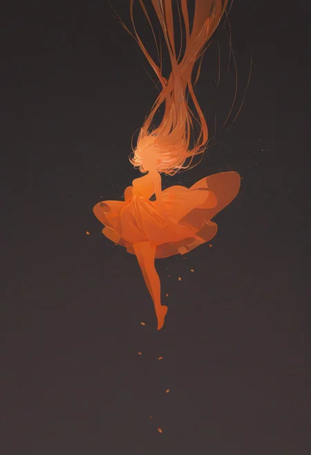 1girl, flowing dress, happy to be free, floating, flying, in a strom of flowers, inverted background, (flat lighting, flat color, flat design, no lineart:1), spot color, triadic colors, film grain, local color adaption, neon, pearlescent, masterpiece, best quality, amazing quality, very aesthetic, absurdres, newest,