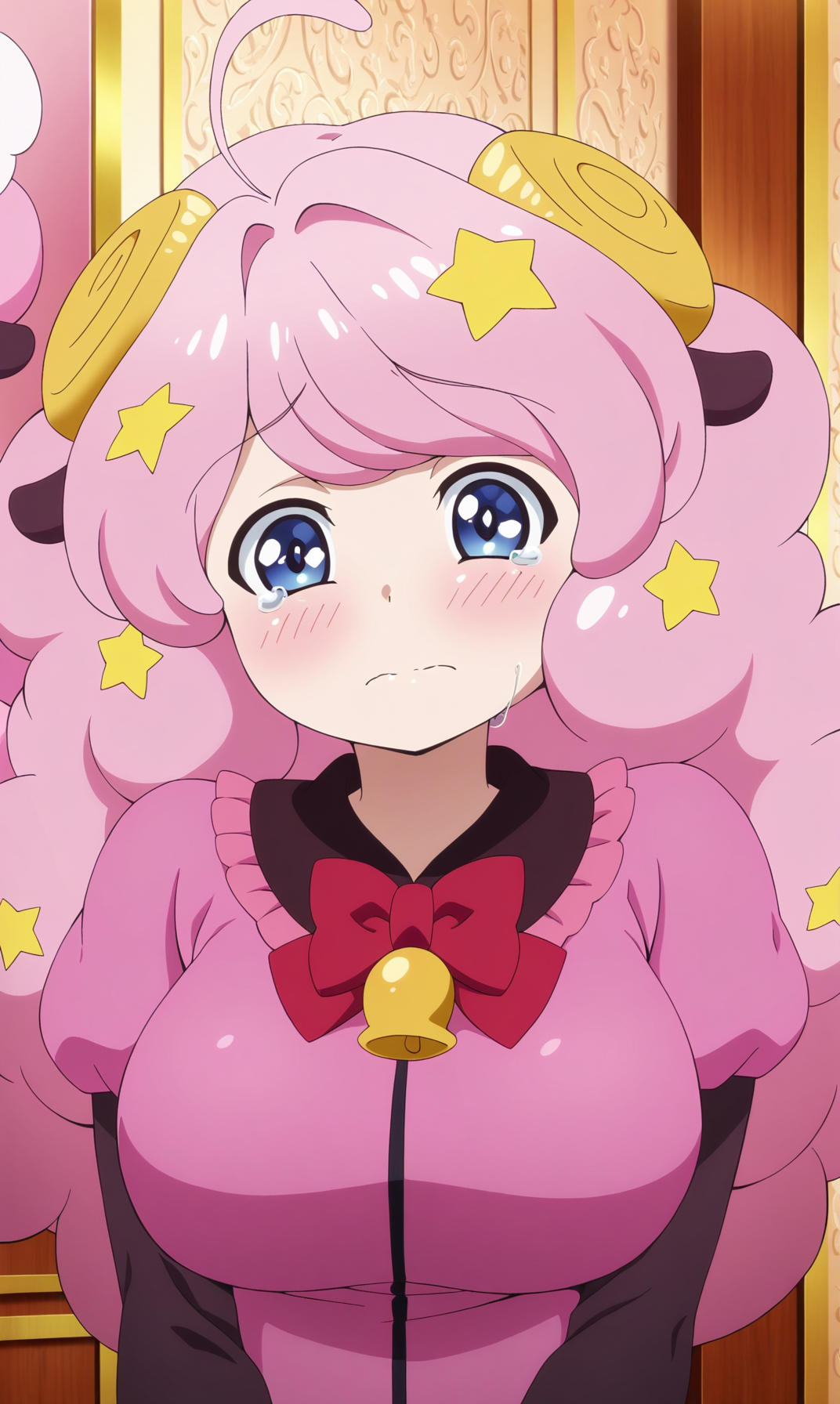 masterpiece, best quality, curvy, beautiful eyes, zzmoa, 1girl, solo, looking at viewer,  pink hair, blue eyes, hair ornament, long hair, ahoge, star \(symbol\), sheep horns, sheep ears, horns, star hair ornament, blush, animal ears, bow, bell, red bow, upper body, anime coloring, parody, bowtie, sad, puffy sleeves, sheep girl, tears, portrait, closed mouth, red bowtie, neck bell, short sleeves, shirt, 