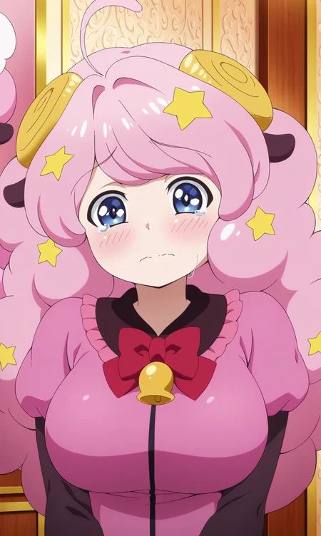 masterpiece, best quality, curvy, beautiful eyes, zzmoa, 1girl, solo, looking at viewer, pink hair, blue eyes, hair ornament, long hair, ahoge, star \(symbol\), sheep horns, sheep ears, horns, star hair ornament, blush, animal ears, bow, bell, red bow, upper body, anime coloring, parody, bowtie, sad, puffy sleeves, sheep girl, tears, portrait, closed mouth, red bowtie, neck bell, short sleeves, shirt,