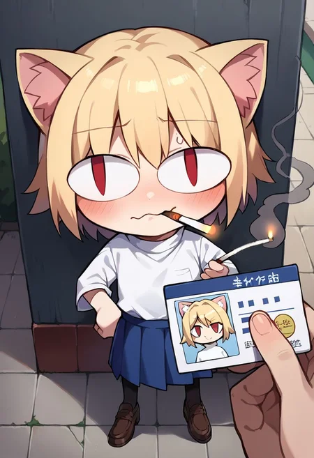 score_9, score_8_up, score_7_up, source_anime BREAK 1girl, outdoors, pov, cowboy shot, ID card, hetero, <lora:POV_holding_ID:1>, rating_questionable,necoarc,blonde hair, red eyes, slit pupils, cat ears, :3, chibi,turtleneck, white shirt, blue skirt, pleated skirt, pantyhose, brown footwear,((((((smoking,nervous,looking_to_the_side)))))