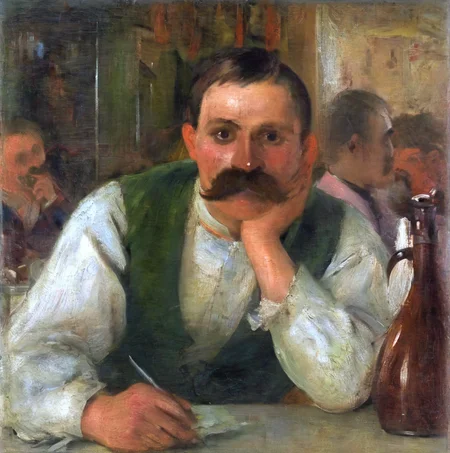 agierymski man with mustache in a restaurant<lora:agierymski:1>