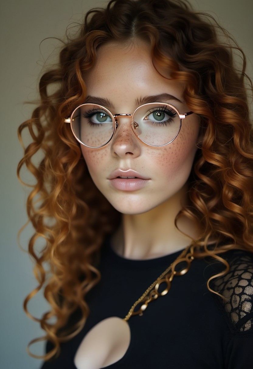 1girl, beautiful eyes, detailed eyes, Pretty redhead, long wavey curled hair, wearing round glasses with a thing rose gold metal frame her face covered in freckles, Large breast. Wearing a black laced Body.