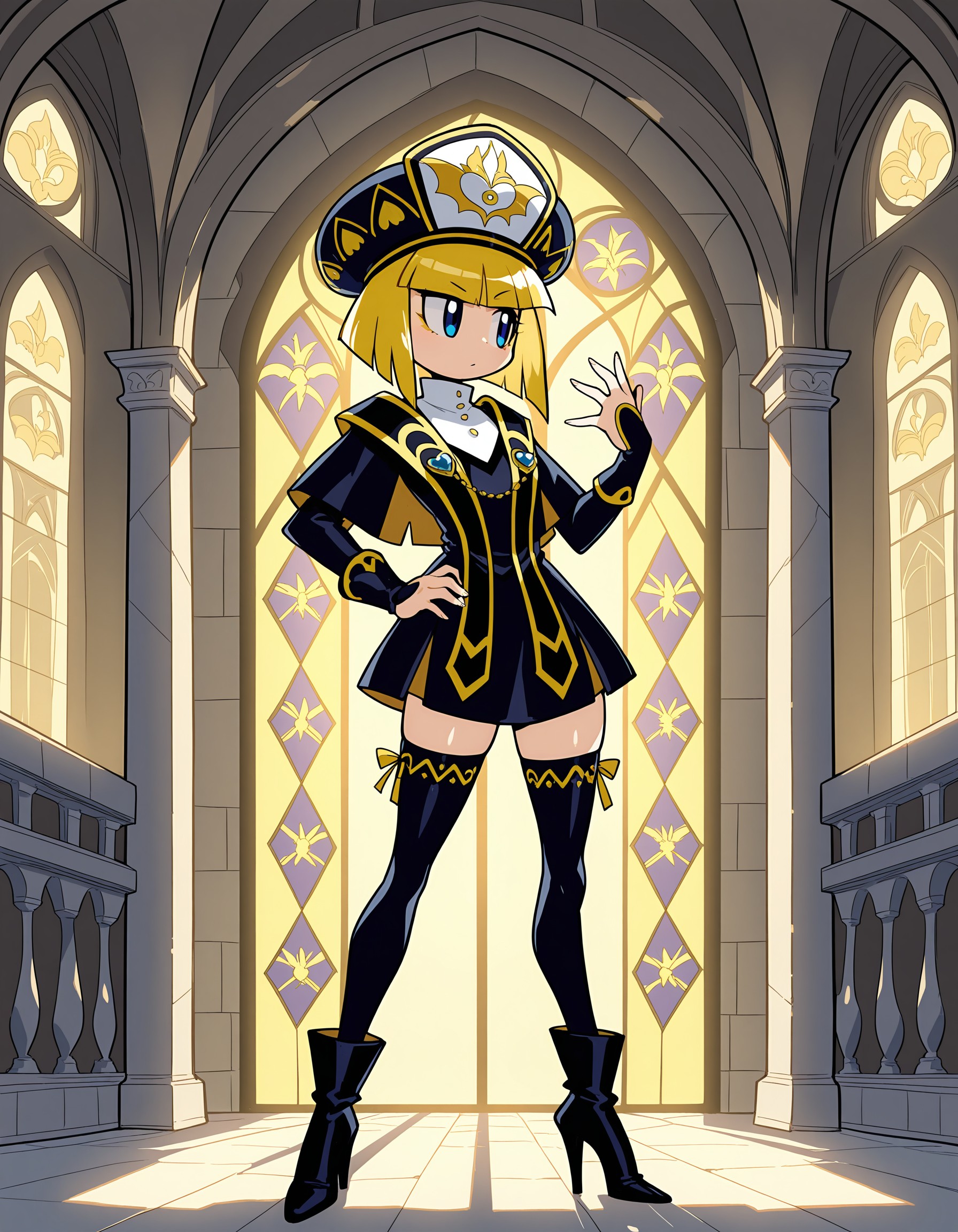 masterpiece, best quality, amazing quality, very detailed, newest, no humans, solo, WnKrbZnPrtznn, blonde hair, short hair, floating hands, black robe,  ribbon, black hat, looking to the side, full body, mature female, long legs, abstract background, (elegant), yellow motif, dynamic pose, shiny, full body, thigh highs, high heels boots, hand on hip, cathedral, stained glass, perfect hands, five fingers, blue eyes, <lora:6181c8c8-c962-4334-b2cb-3dfb77597397:0.8>